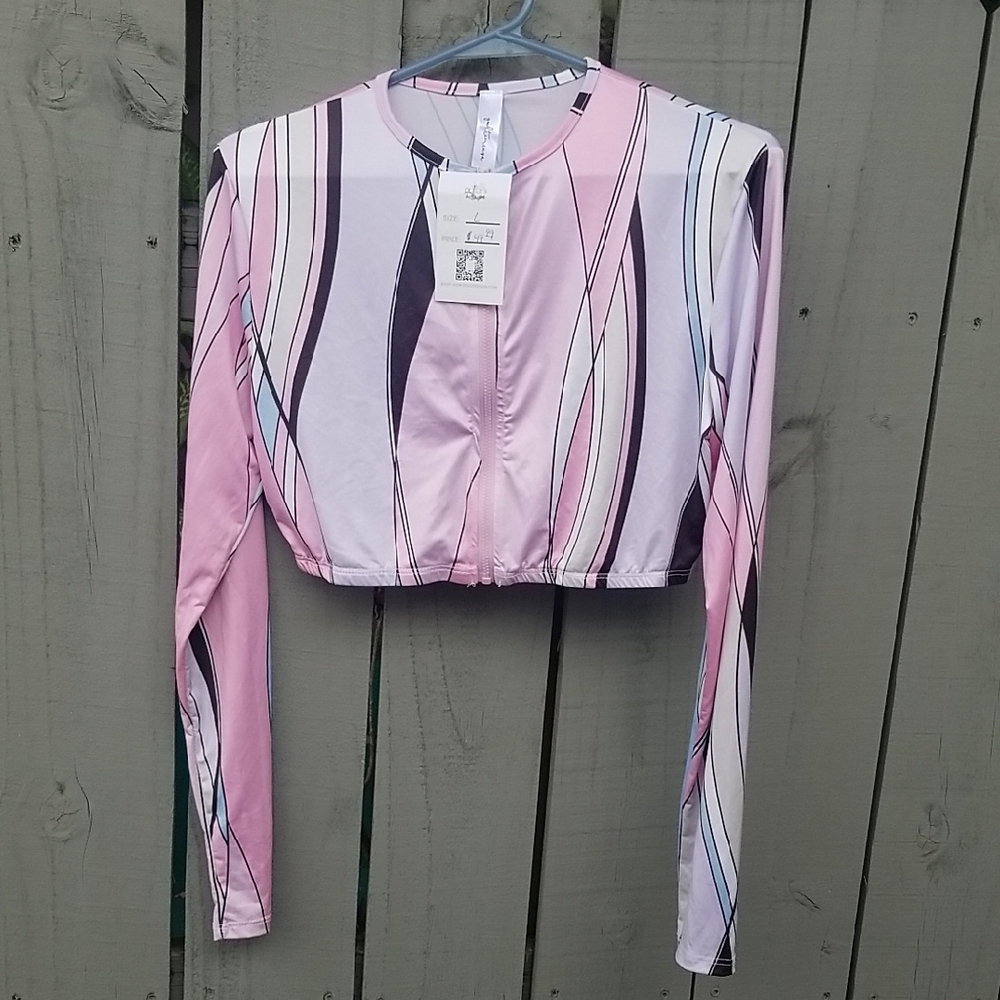 Pink and White Fitted Crop Blouse